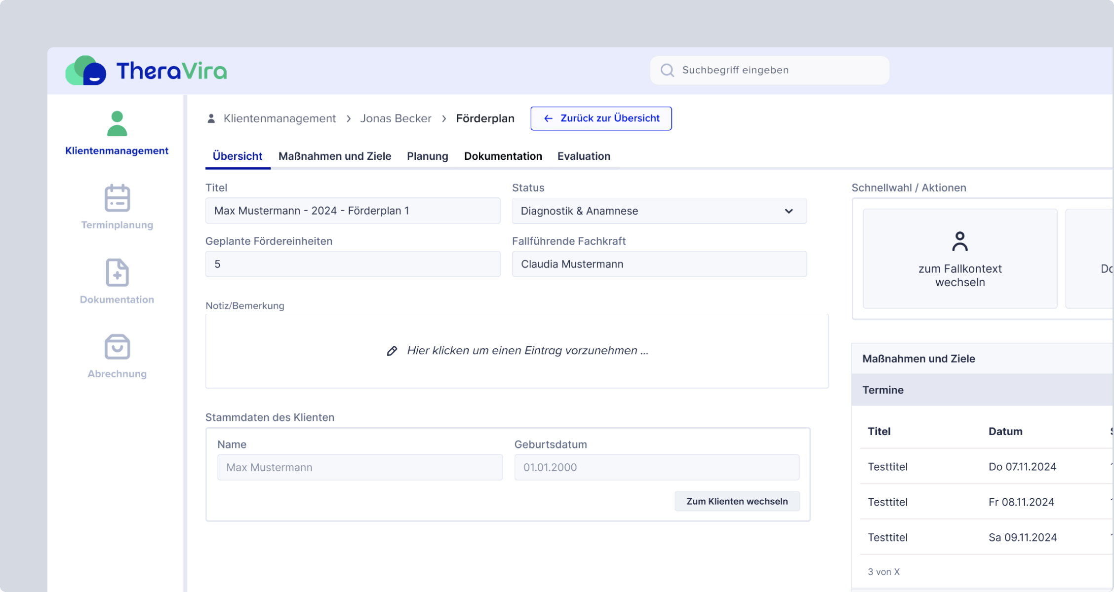 Screenshot im Bereich Klientenmanagement zur Darstellung der Schritt-für-Schritt Anleitung zum Förderplan im Prototyp TheraVira