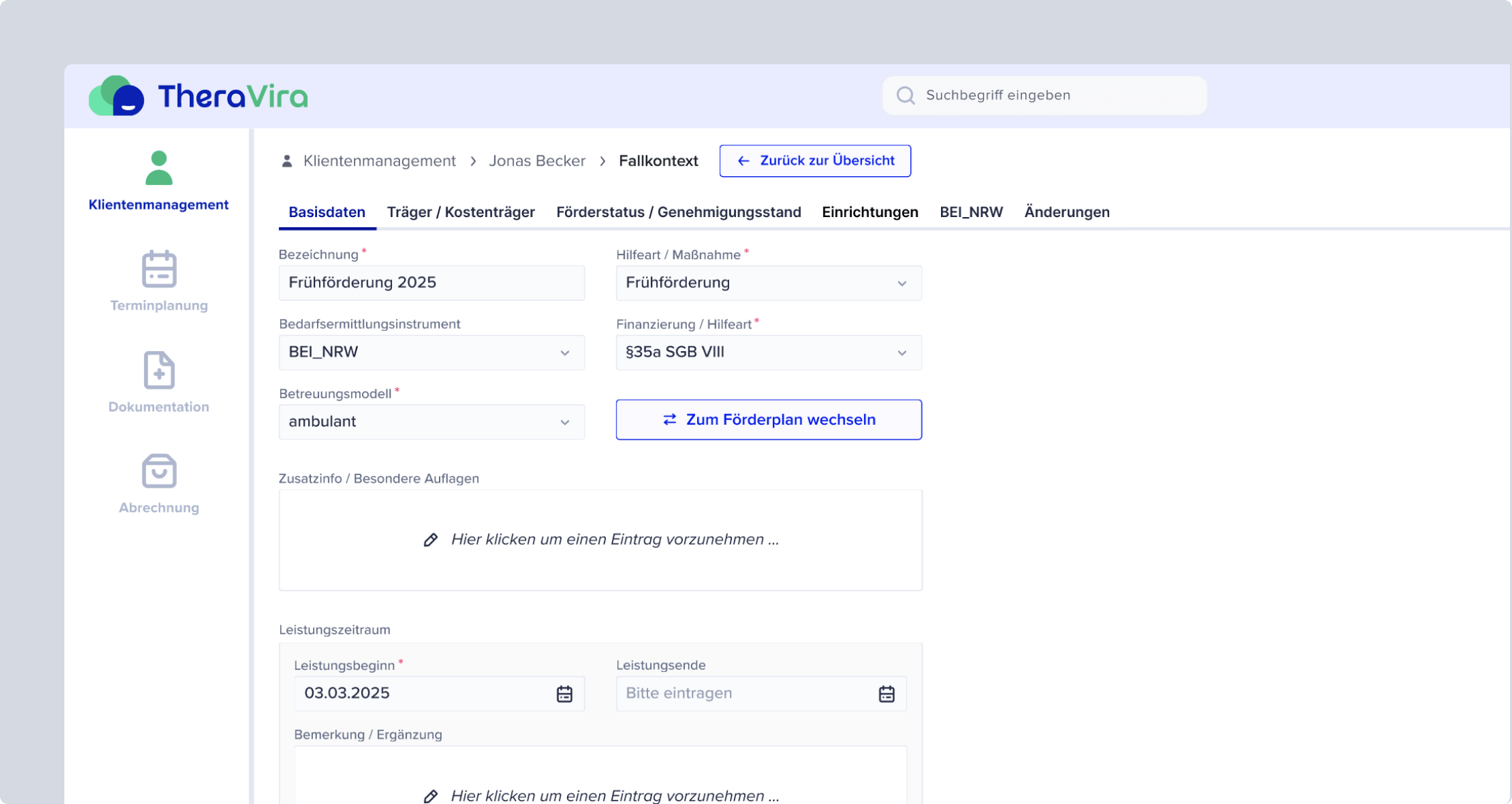 Screenshot TheraVira Software Klientenmanagement