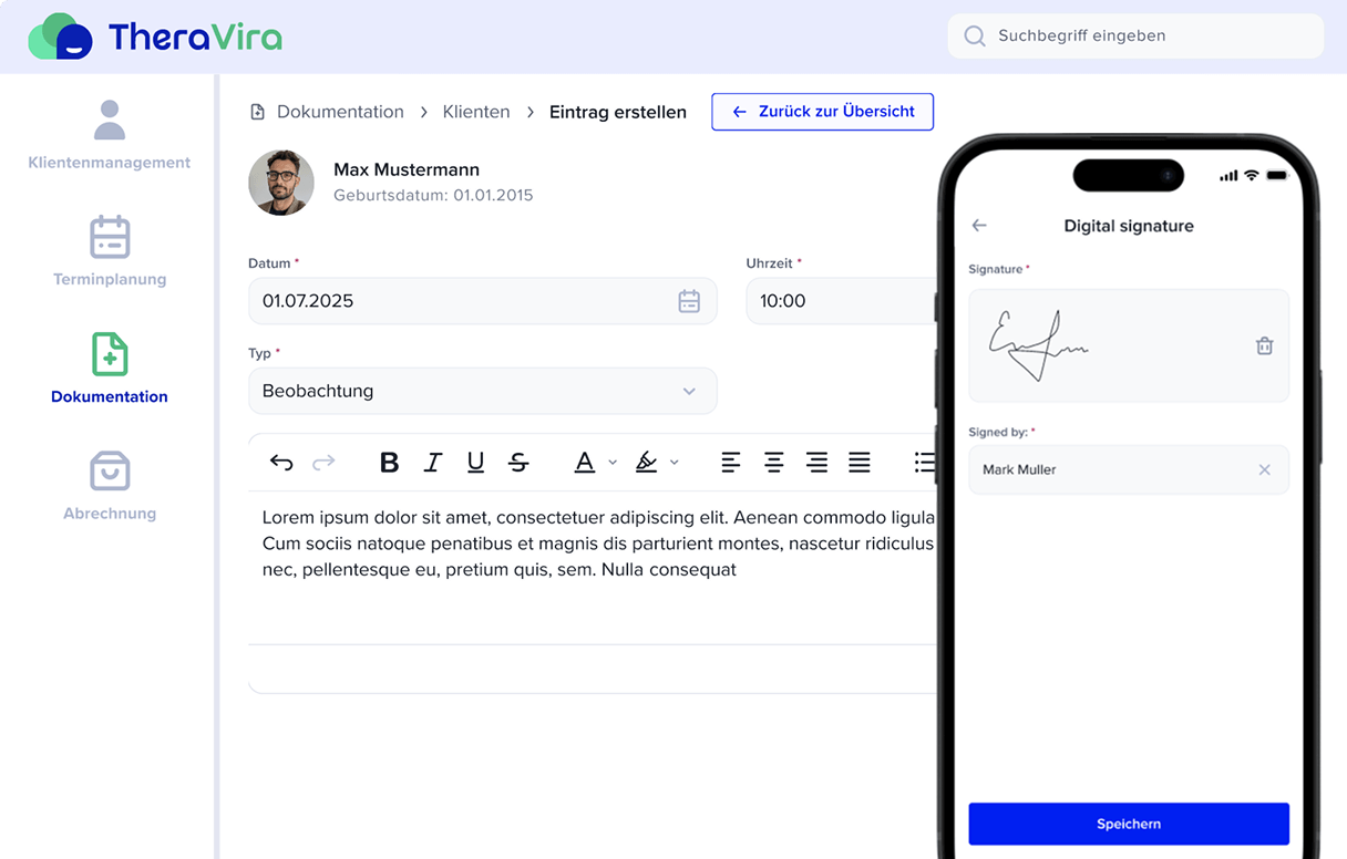 Screenshot von Screen und mobil Mockup für digitale Signatur