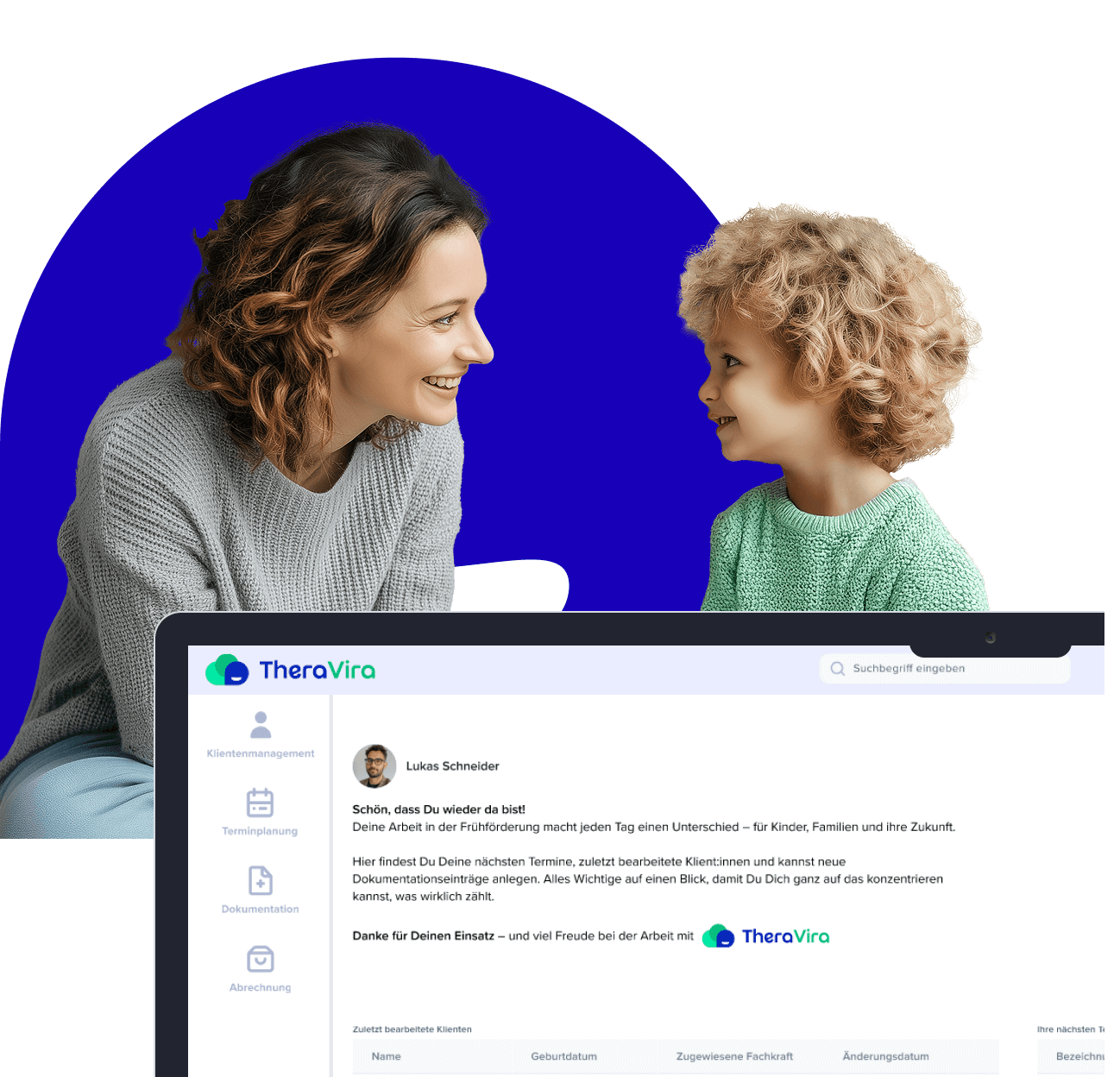Headerbild Startseite mit Frau und Kind, darunter ein Screenshot der Software